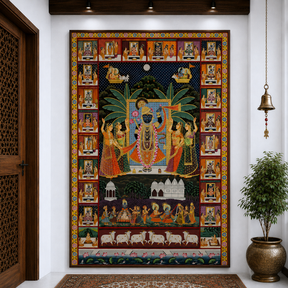 Hand-Painted Pichwai – Shrinathji with Gopikas & Intricately Detailed Border