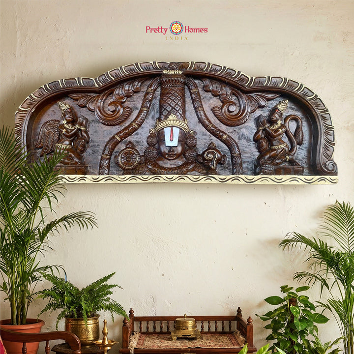 Horizontal antique gold wood carved Balaji panel with traditional temple artistry