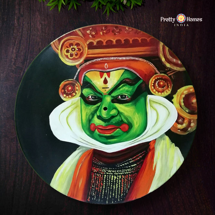 Round hand-painted classical Kathakali wooden wall decor panel with heritage style