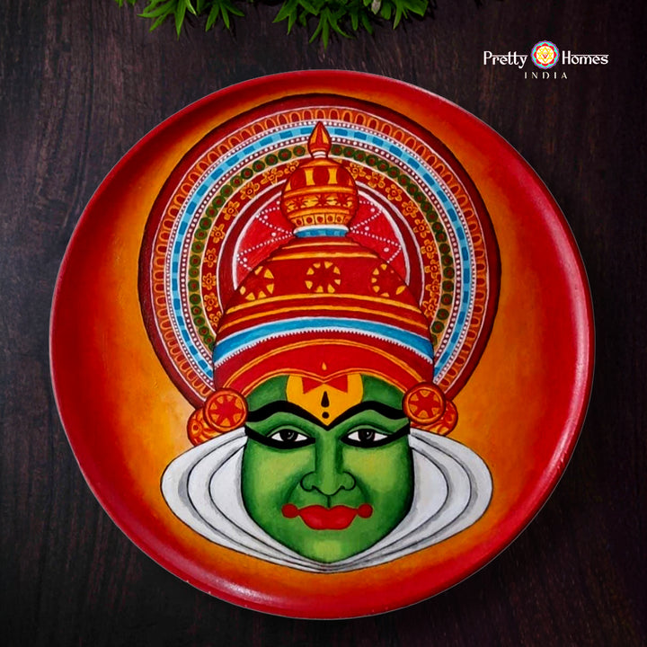 Round hand-painted aesthetic Kathakali wooden wall panel with traditional design