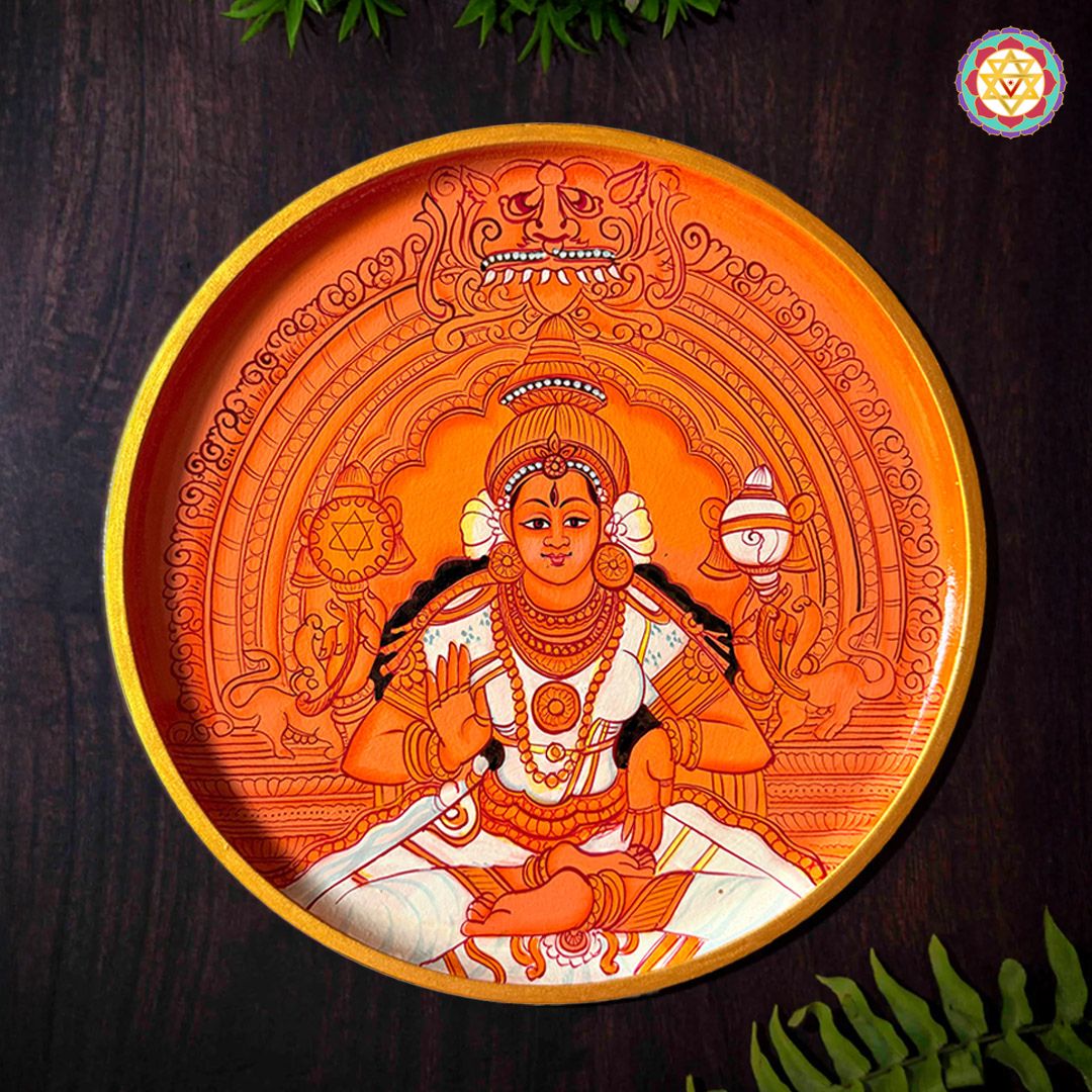 Handpainted Tripura Sundari Kerala mural plate with bright detailing