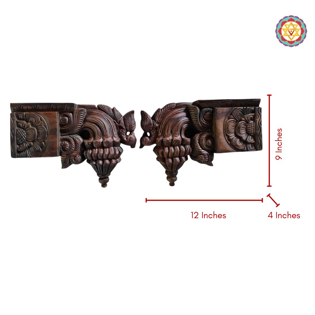 Decorative wooden bracket with measurements on a white background. “Traditional multicolour wooden wall bracket with Bodhi leaf design”