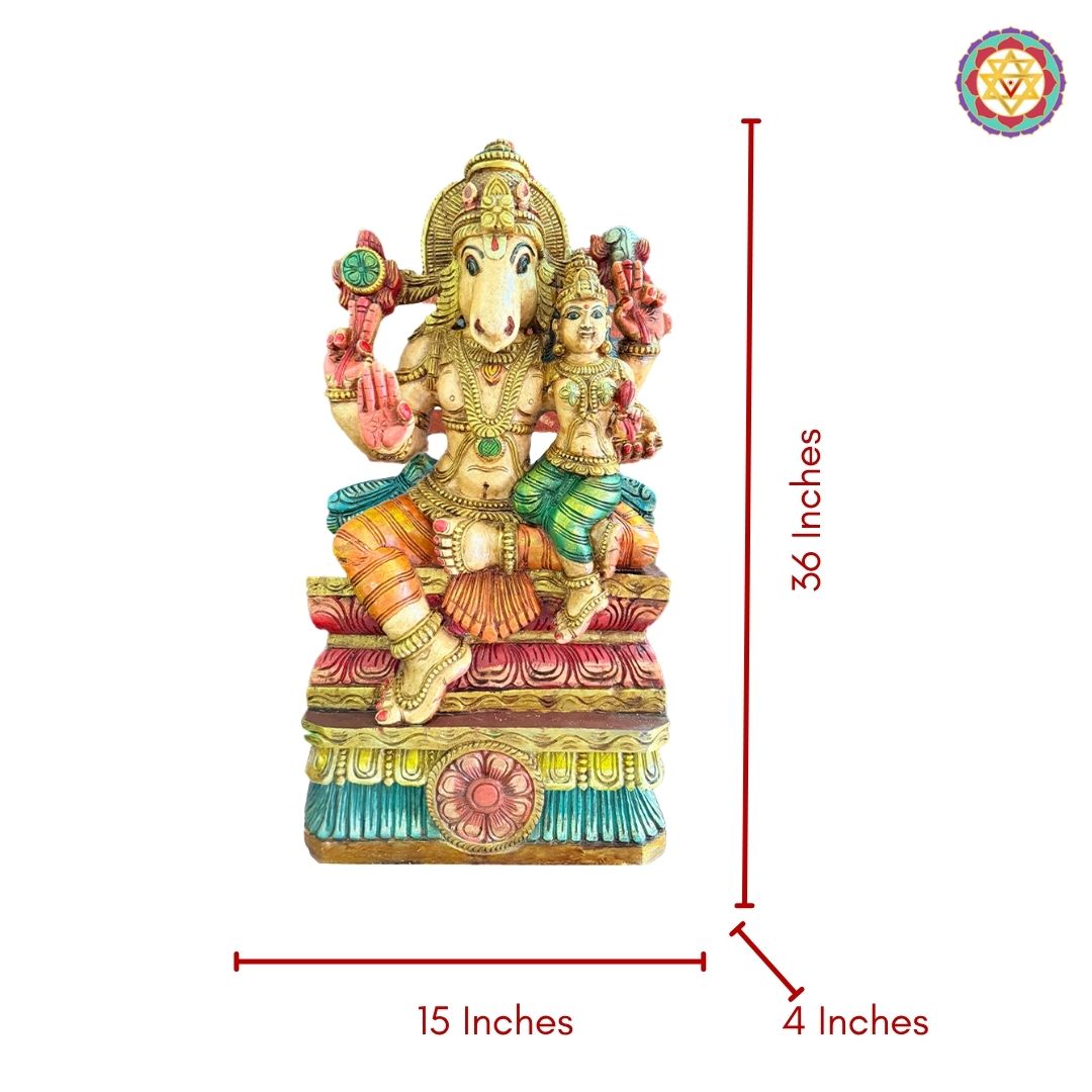 Angle shot showing craftsmanship of Hayagriva Lakshmi carved statue