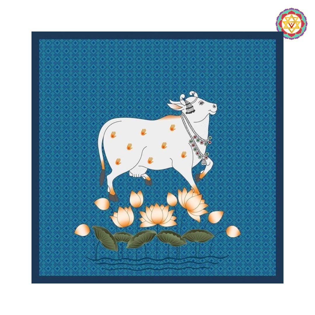 Small red Pichwai cow with calf artwork handpainted full view
