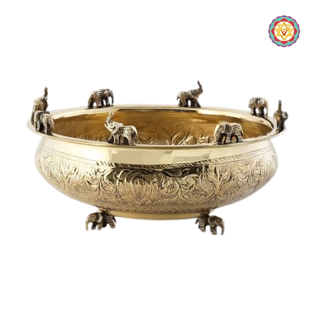 Handcrafted brass uruli with elephant motifs