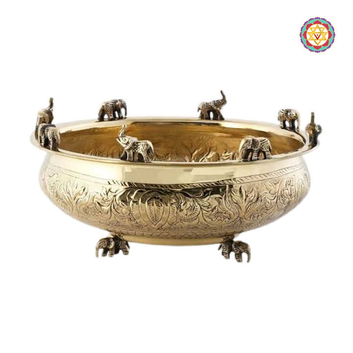 Handcrafted brass uruli with elephant motifs