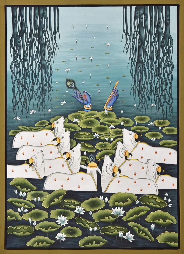 Pichwai inspired hand-painted fabric art featuring floral patterns and vibrant storytelling scenes