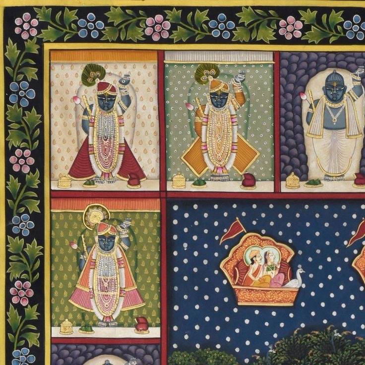 Folk-inspired Pichwai art illustrating Krishna with cowherds in serene natural landscape
