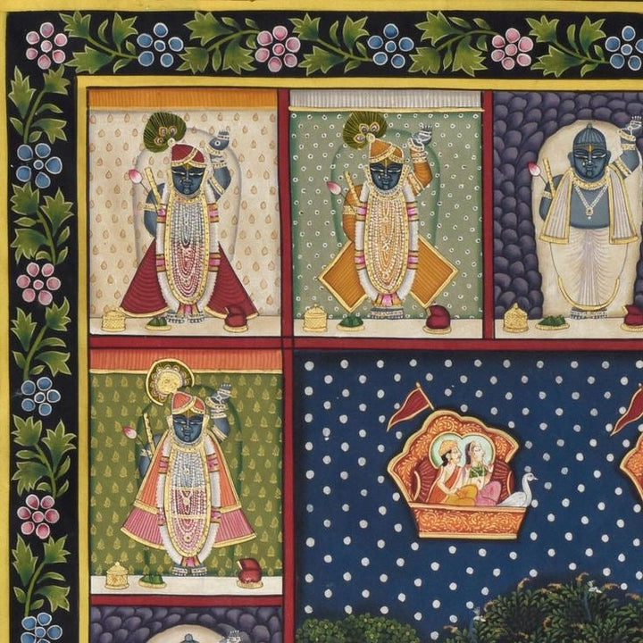 Folk-inspired Pichwai art illustrating Krishna with cowherds in serene natural landscape