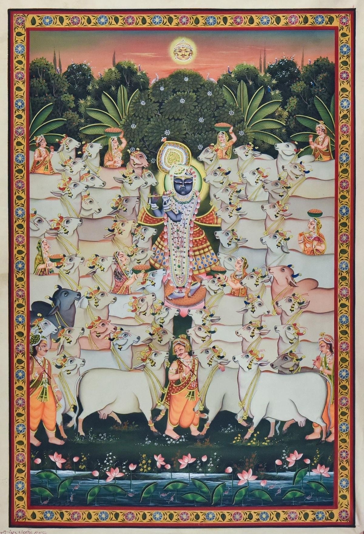 Pastoral Pichwai scene hand-painted depicting Krishna and devotees in vibrant village setting