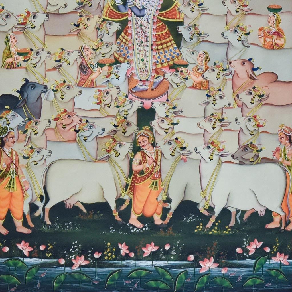 Floral Pichwai artwork rich in details featuring lotuses and ornamental patterns symbolizing divine grace