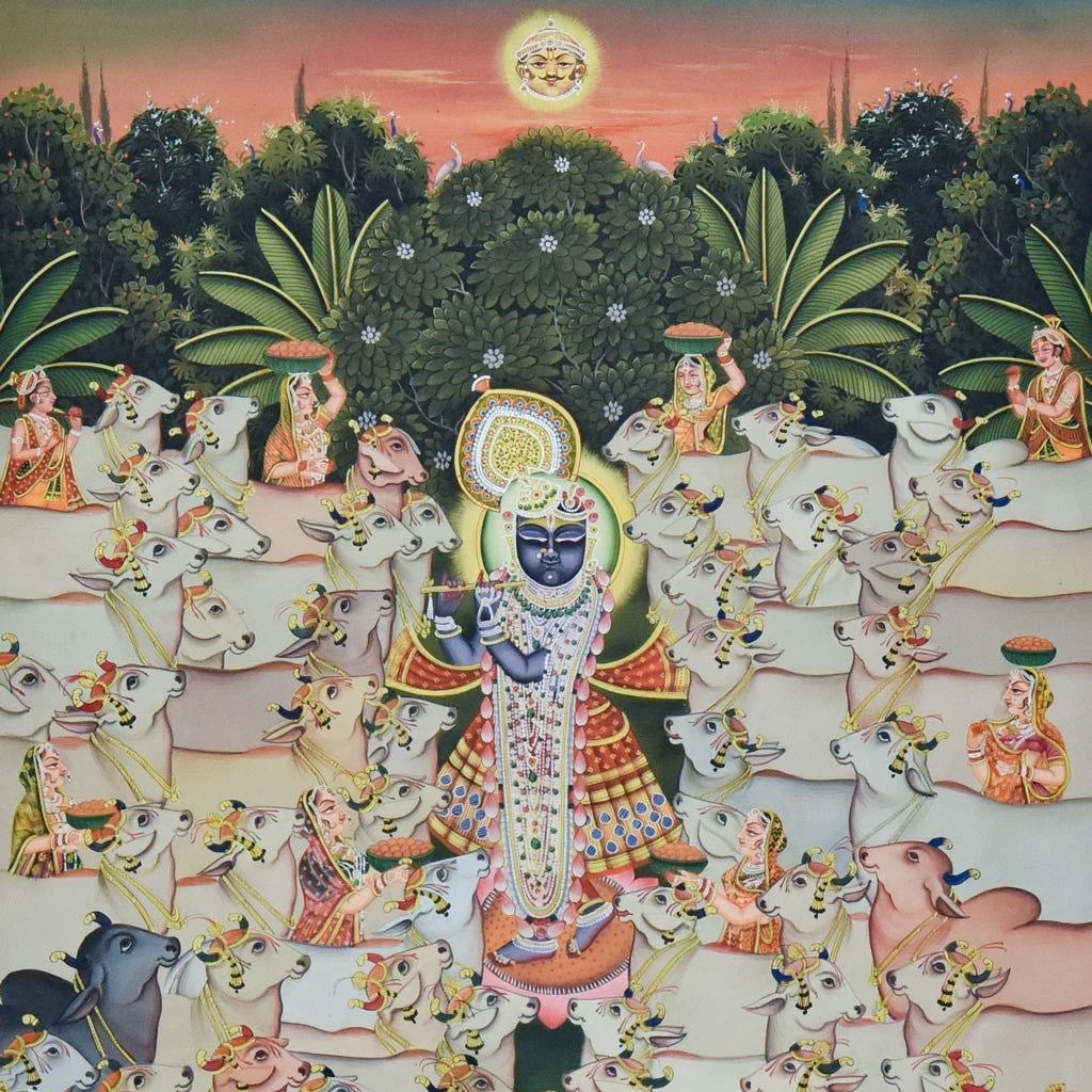 Traditional Pichwai Krishna painting with rich textile textures and symbolic religious elements