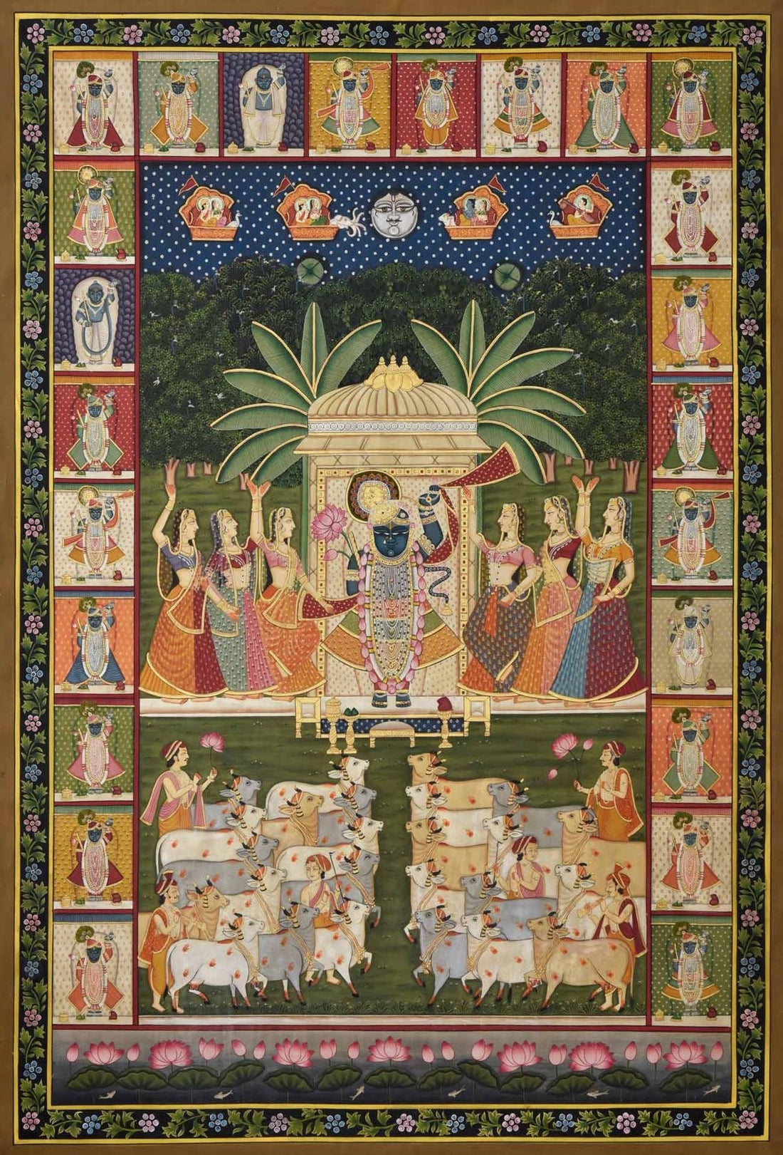 Handmade Pichwai textile framed wall art illustrating Krishna’s divine leela and joyous community scenes