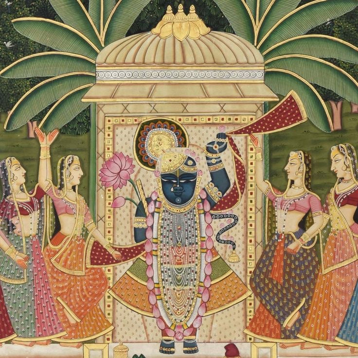 Intricate Pichwai tableau highlighting Krishna’s playful leelas accompanied by floral and animal motifs