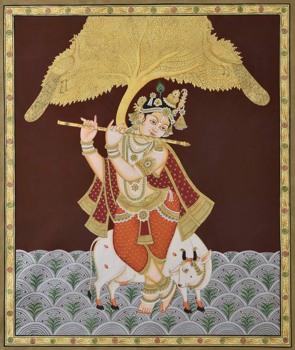 Detailed Pichwai painting of Krishna lifting Govardhan Hill surrounded by joyous cows and devotees