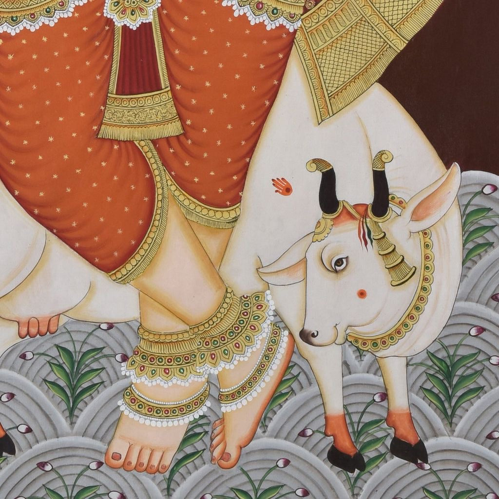 Hand-painted Pichwai panel illustrating Krishna’s childhood adventures in pastoral Indian setting