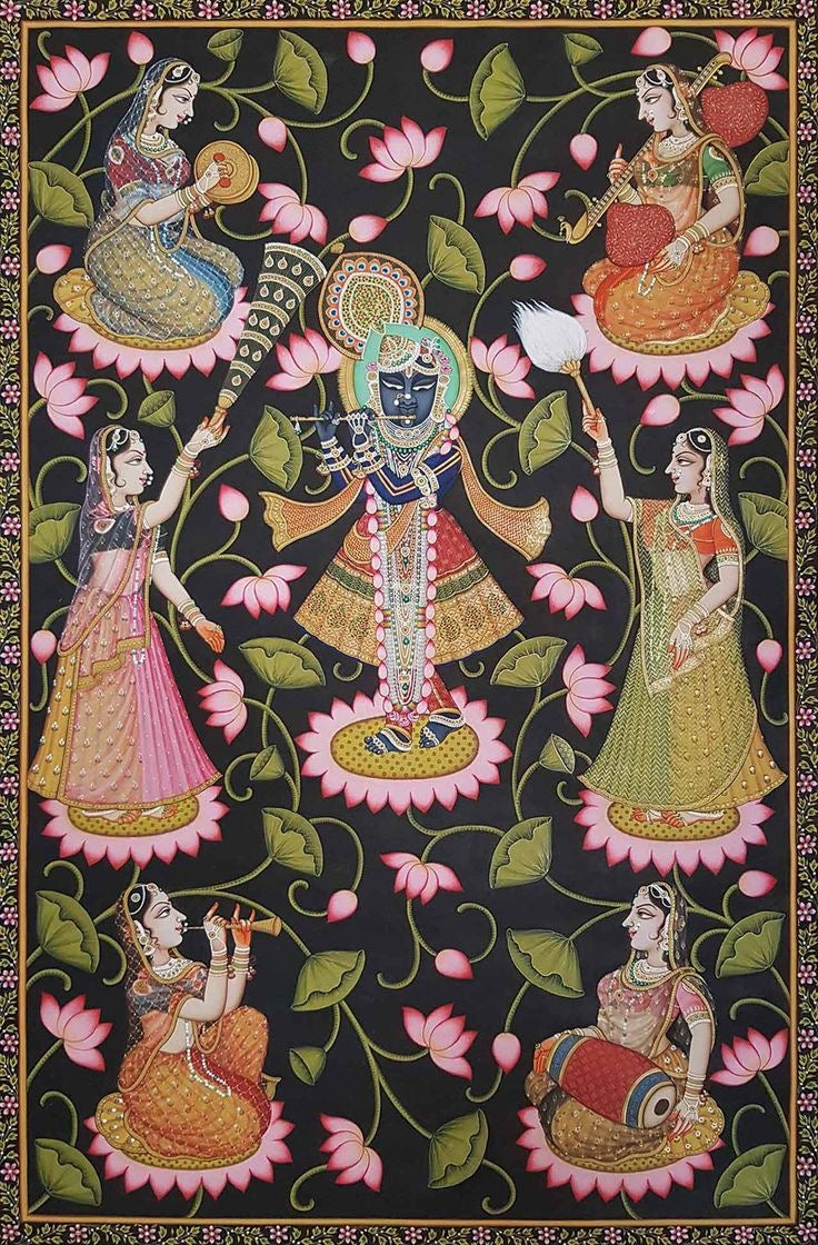Traditional Pichwai depiction of Shrinathji adorned with ornate jewelry and lotus flowers in ritualistic painting