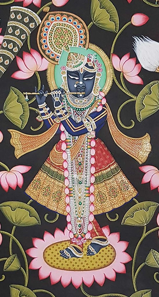 Ornate Pichwai artwork portraying Krishna’s divine playful acts with vibrant colors and detailed patterns