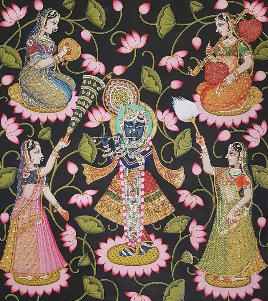 Colorful lotus flower motif in Pichwai painting symbolizing purity, enlightenment, and spiritual beauty