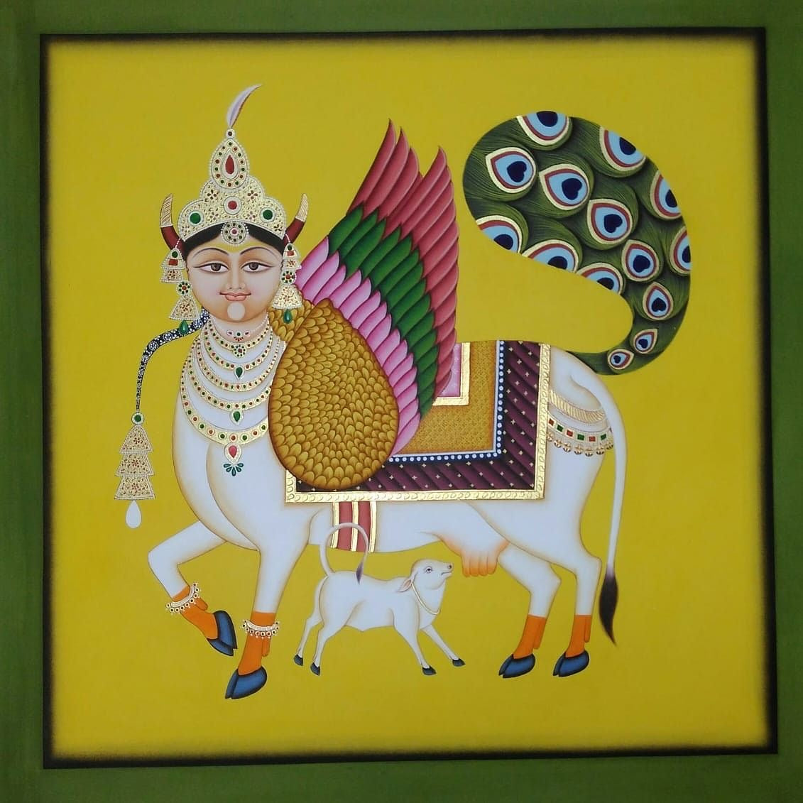 Pichwai inspired hand-painted fabric art with floral patterns highlighting vibrant storytelling scenes