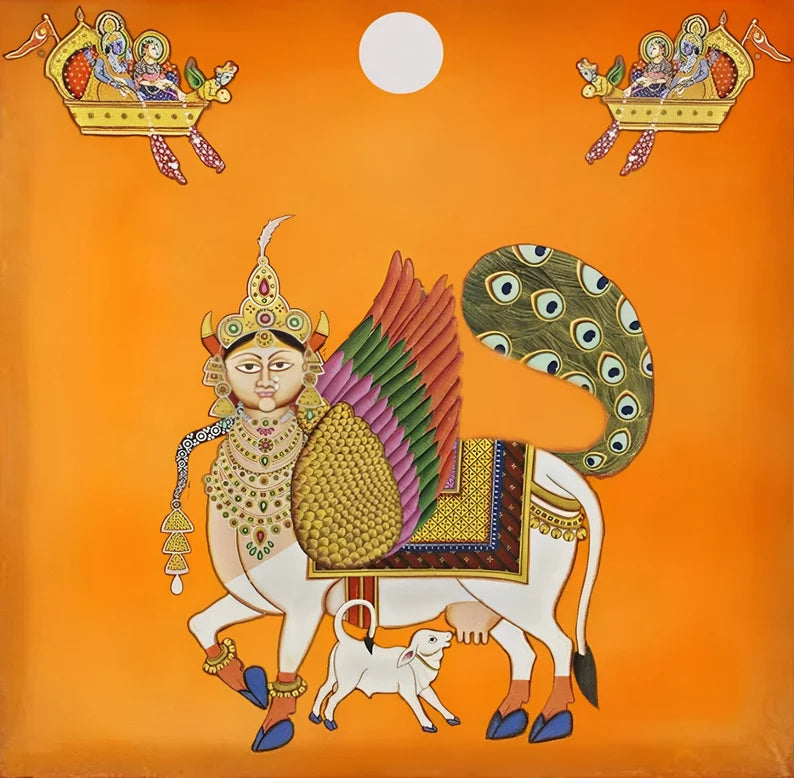 Exquisite Pichwai art panel illustrating mythological tales and complex symbolic designs in vivid hues