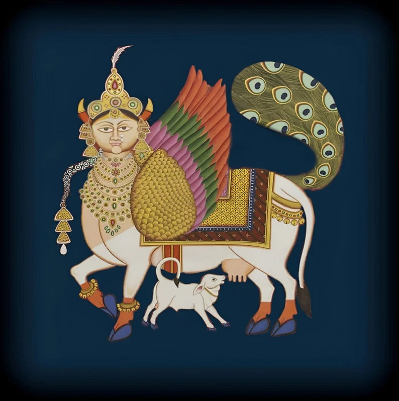 Traditional Pichwai painting with deep reds and blues showing devotional themes around Lord Krishna