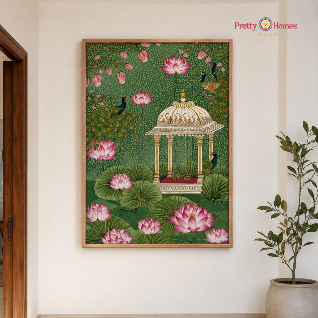 Handpainted Pichwai – Garden Scene with Jharokhas & Lotuses