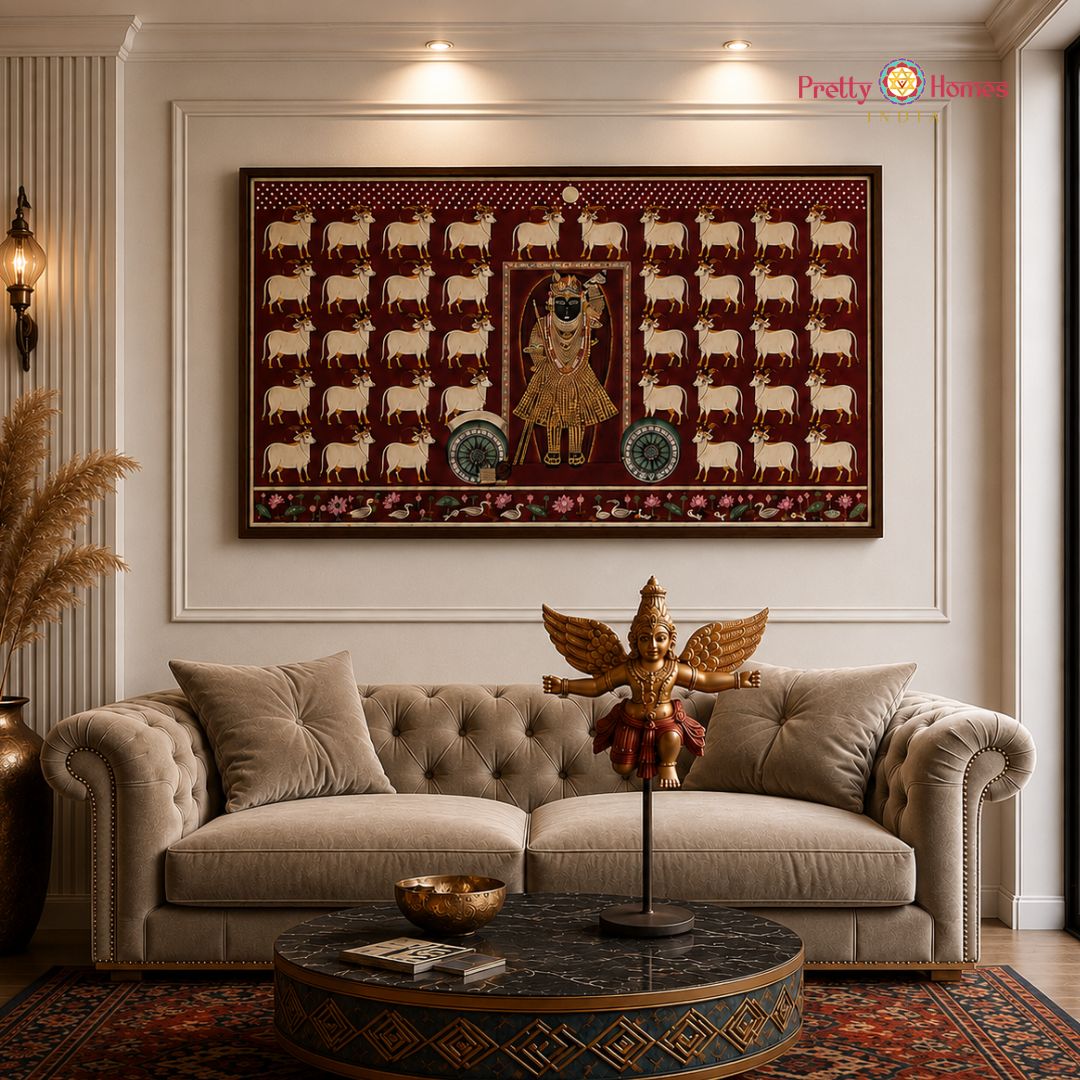 Handpainted Red Pichwai – Shrinathji with Cows