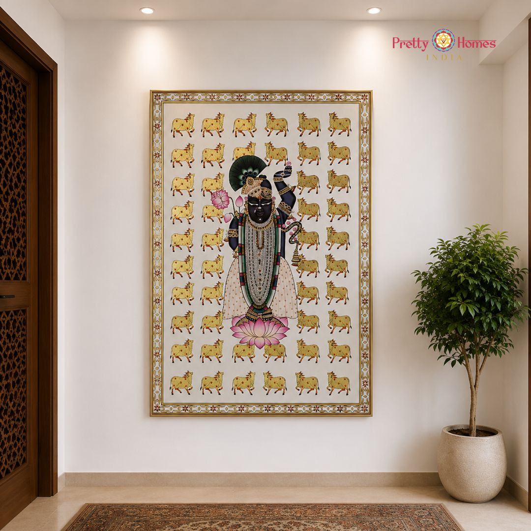 Handpainted Pichwai – Shrinathji with Golden Cows