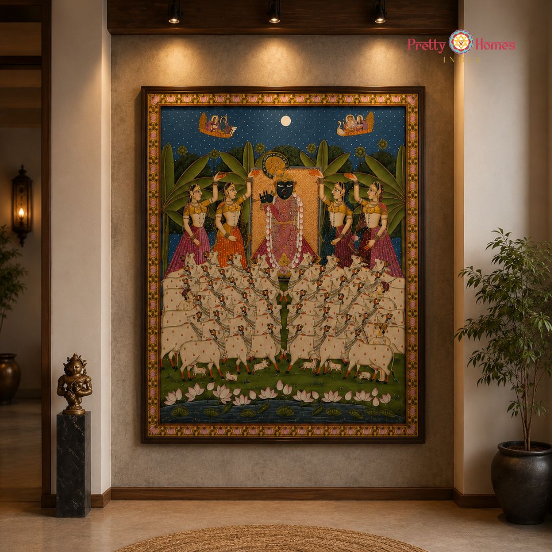 Handpainted Pichwai – Sharad Swaroop Shrinathji with Gopikas & Cows