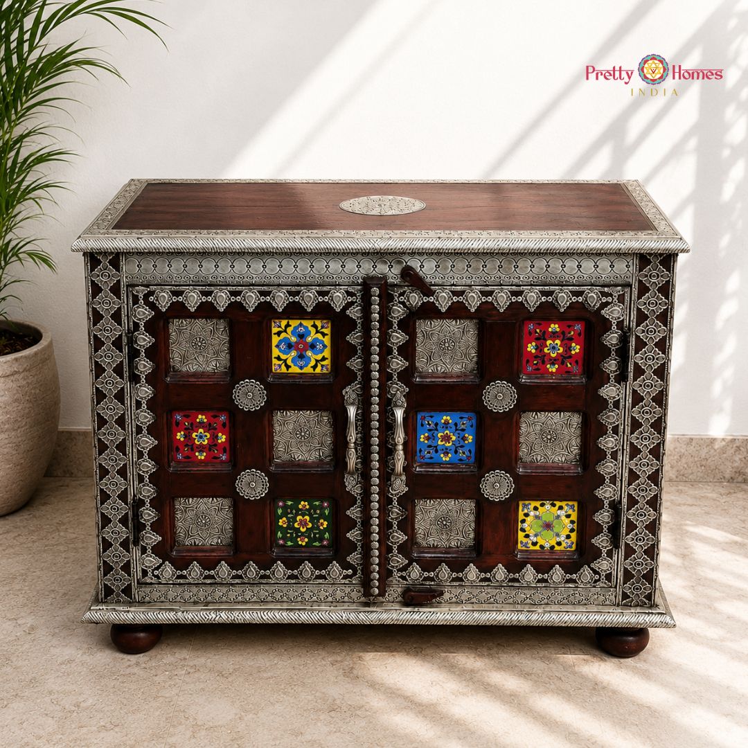 Handcrafted Wooden Console Cabinet with Brass & Tile Work