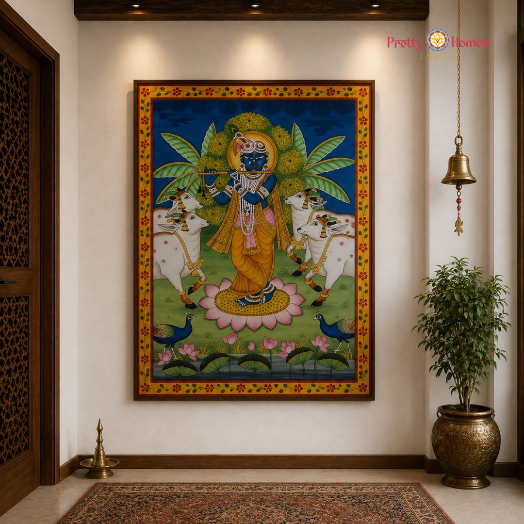 Handpainted Pichwai – Flute-Playing Shrinathji with Cows