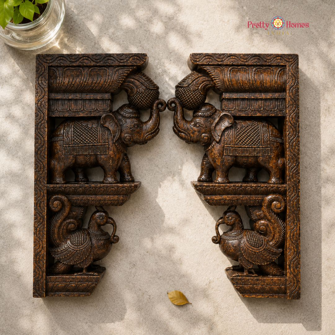 Handcarved Trunk-Up Elephant Bracket with Peacocks (Single)