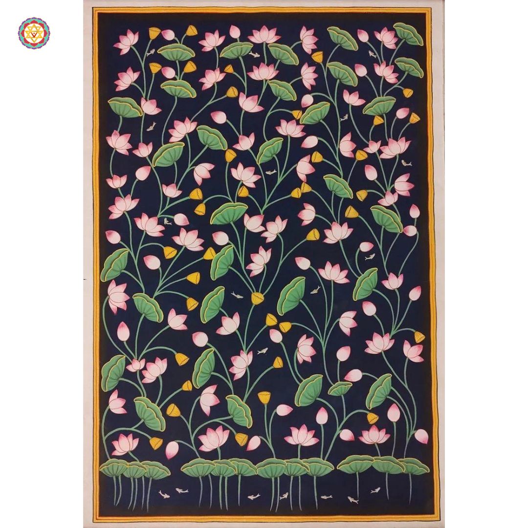 Colorful Pichwai representation of Radha Krishna in divine love theme with lush decorative details