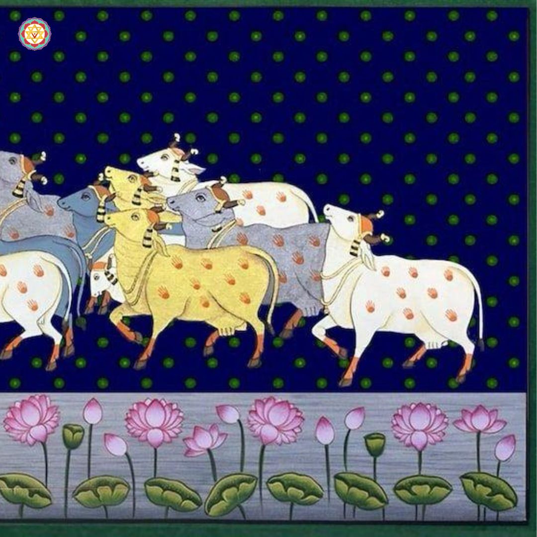 Folk-inspired Pichwai art illustrating serene Krishna with cowherds in a natural landscape