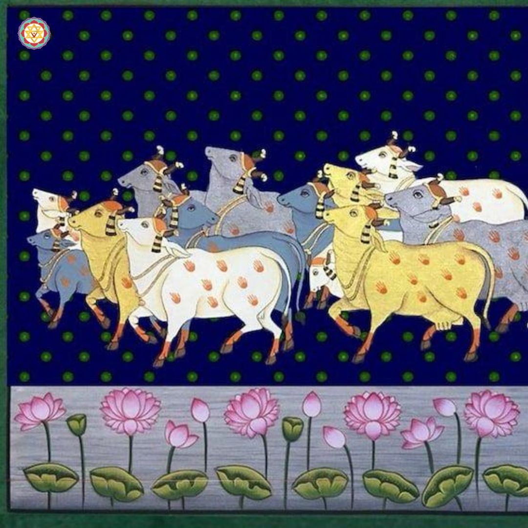 Handmade Pichwai textile framed as wall art showcasing Krishna’s divine lila and joyous community