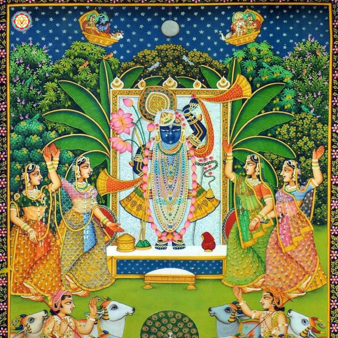 Detailed hand-painted Pichwai art showing Krishna playing the flute amid devotees and sacred cows