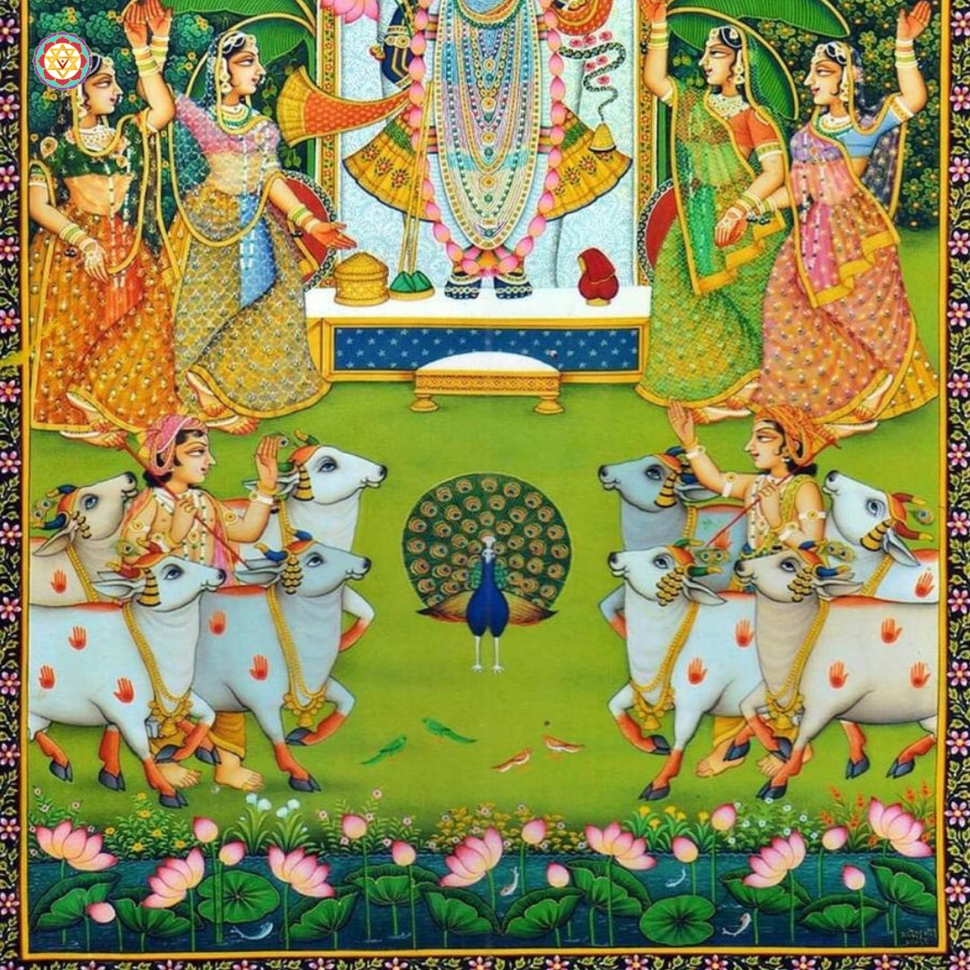 Traditional Pichwai scene depicting Shrinathji adorned with jewelry and lotus flowers in ritualistic style