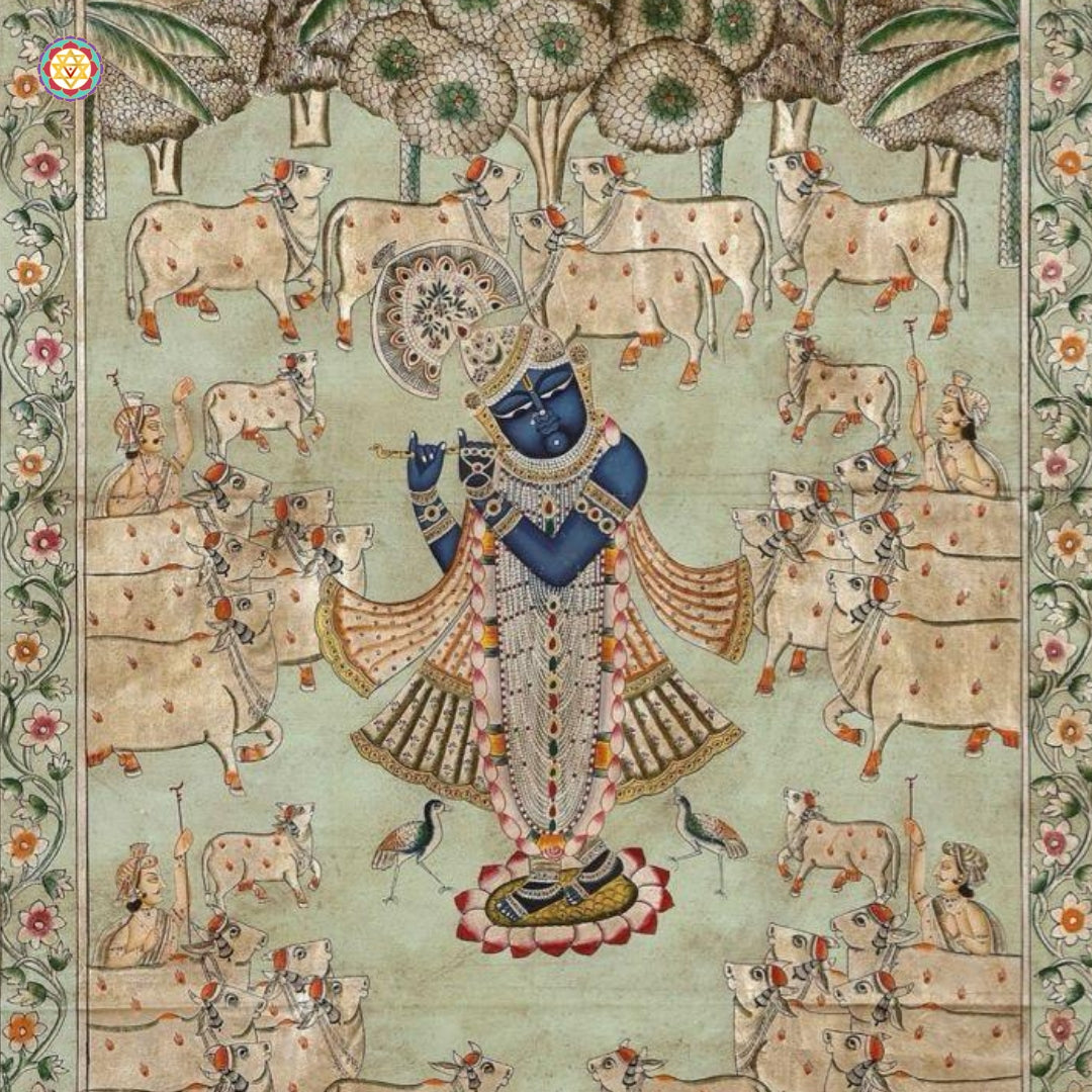 Artistic Pichwai depiction of sacred cow and calf representing prosperity and divine nurturing