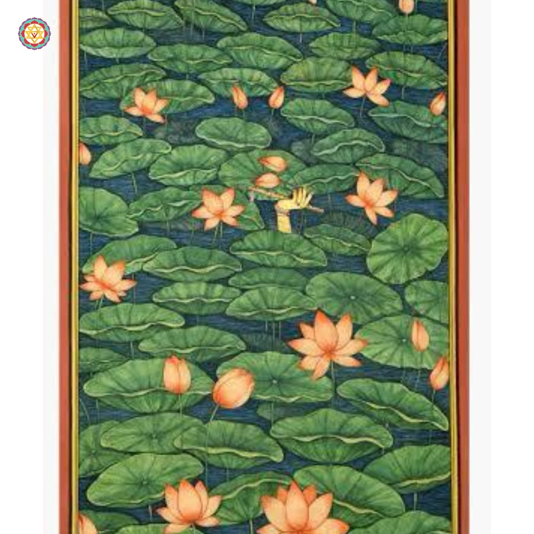 Traditional Pichwai Krishna painting with lush textile textures and symbolic religious elements