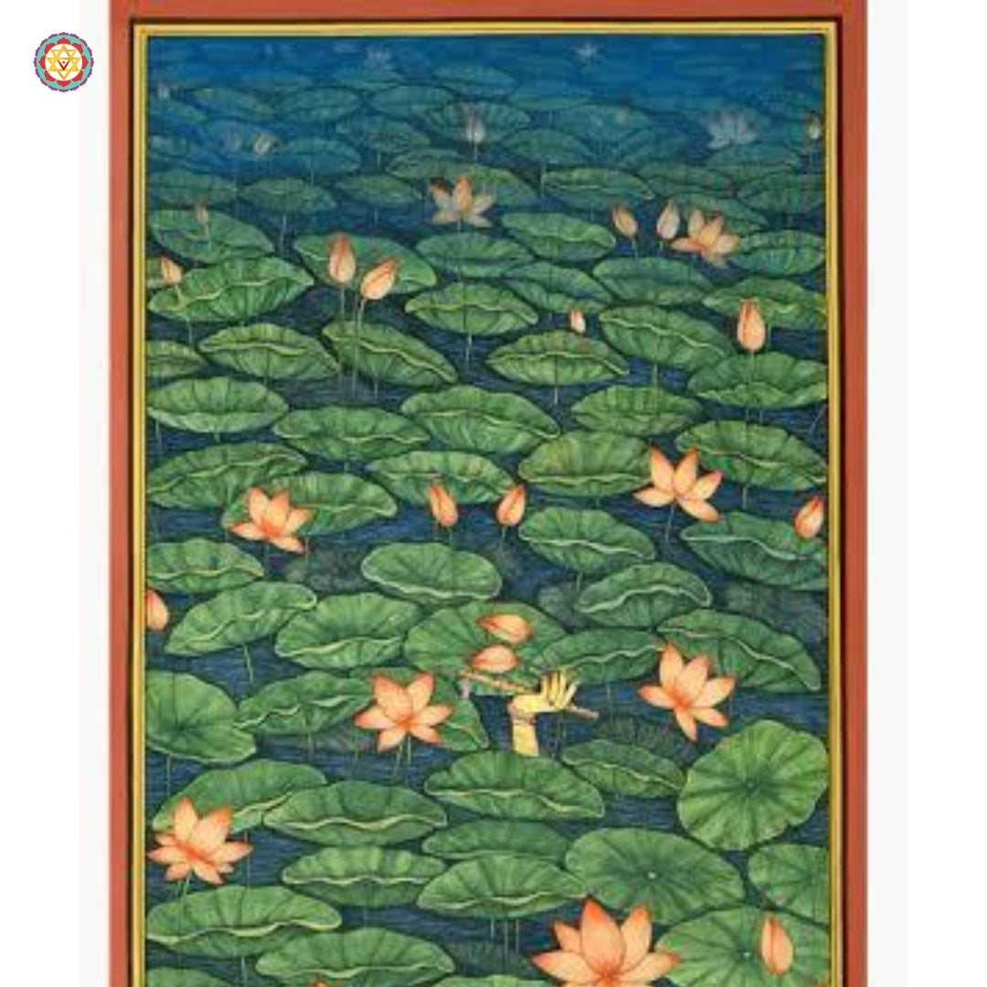 Floral Pichwai artwork richly detailed with lotuses and ornamental patterns symbolizing divine grace