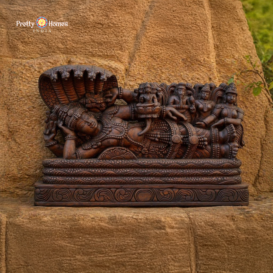 Hand-Carved Resting Vishnu Ananta Shayanam Teak Wood Horizontal Wall Panel for Mandir Walls