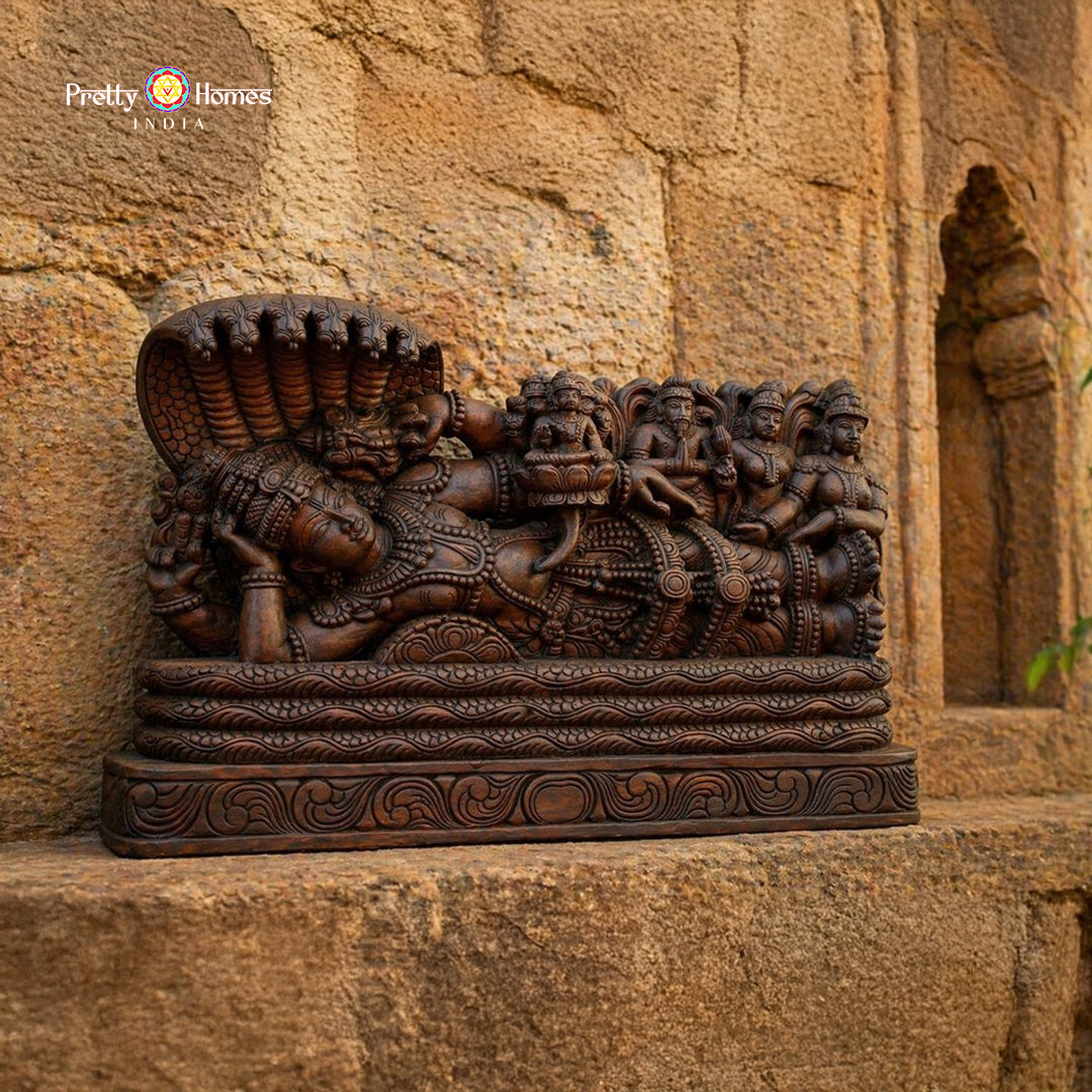 Hand-Carved Resting Vishnu Ananta Shayanam Teak Wood Horizontal Wall Panel for Mandir Walls