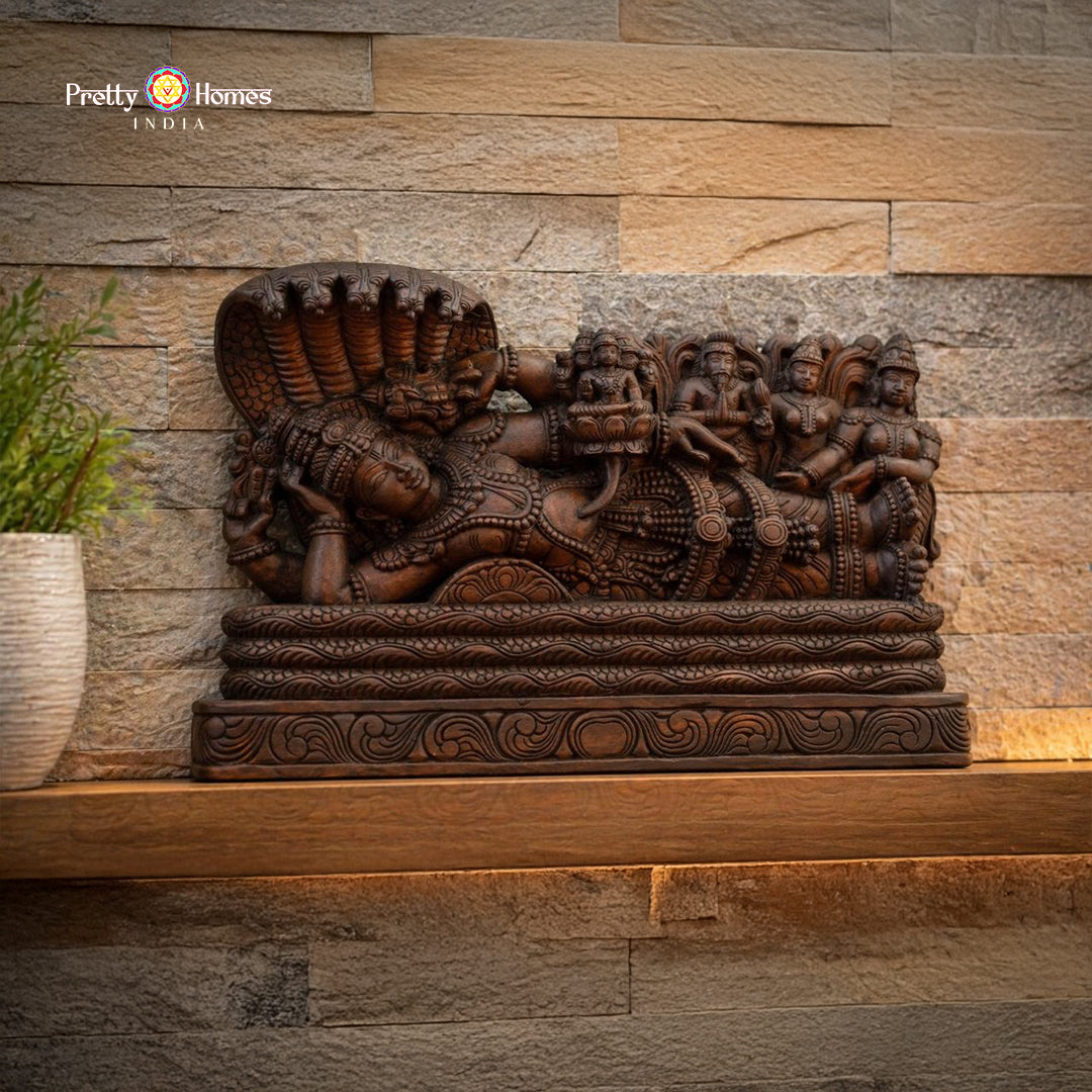 Hand-Carved Resting Vishnu Ananta Shayanam Teak Wood Horizontal Wall Panel for Mandir Walls