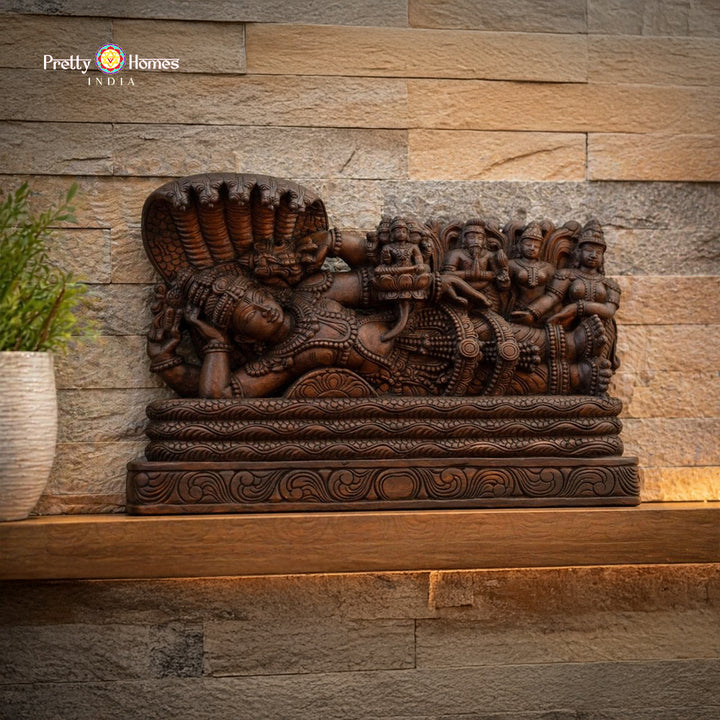 Hand-Carved Resting Vishnu Ananta Shayanam Teak Wood Horizontal Wall Panel for Mandir Walls