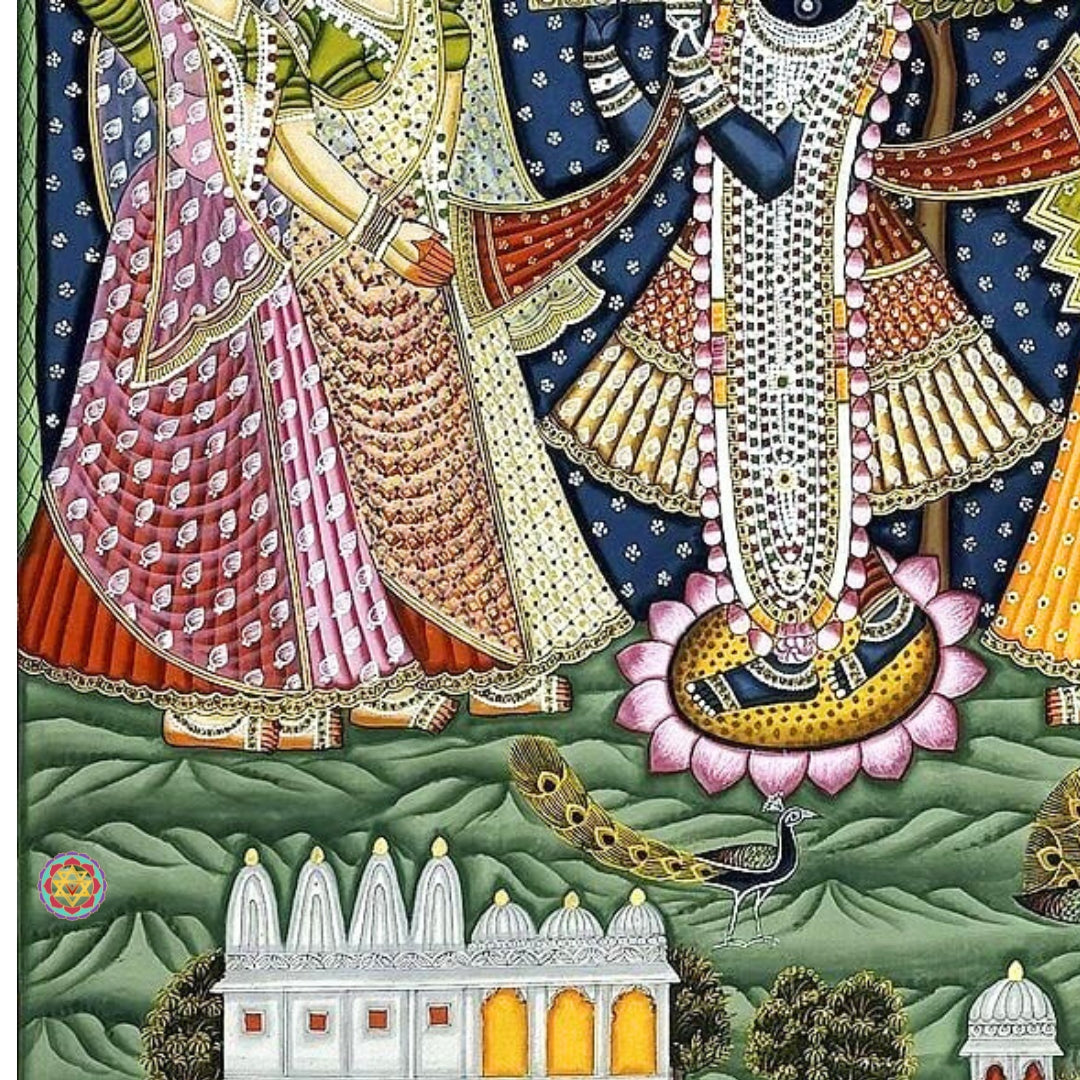 Krishna and gopis in festive Pichwai painting celebrating divine Raas Leela under moonlight