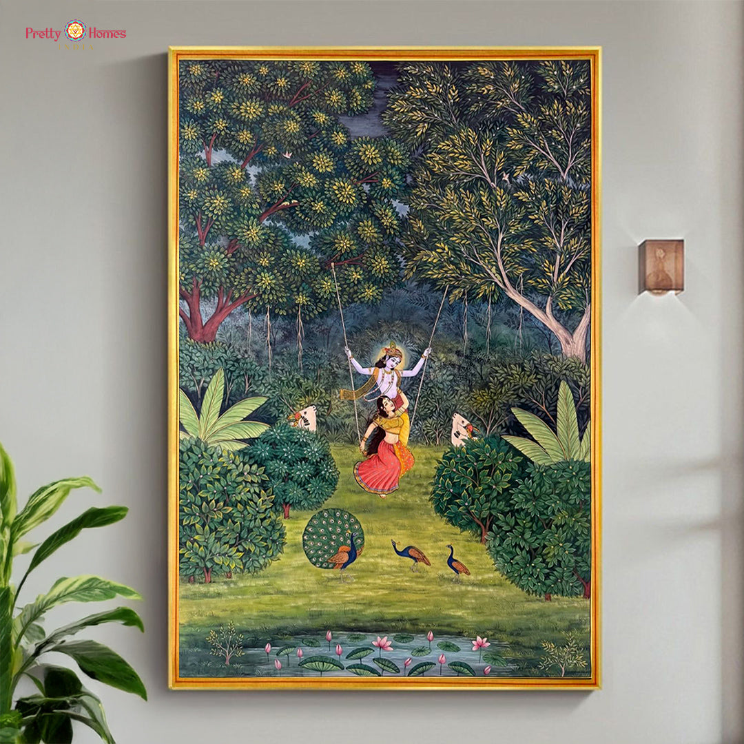 handpainted radha krishna swing pichwai painting garden scene