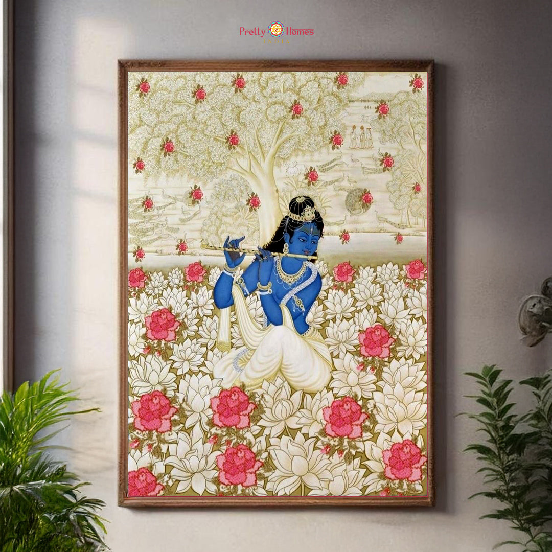handpainted flute krishna pichwai painting with lotus motifs