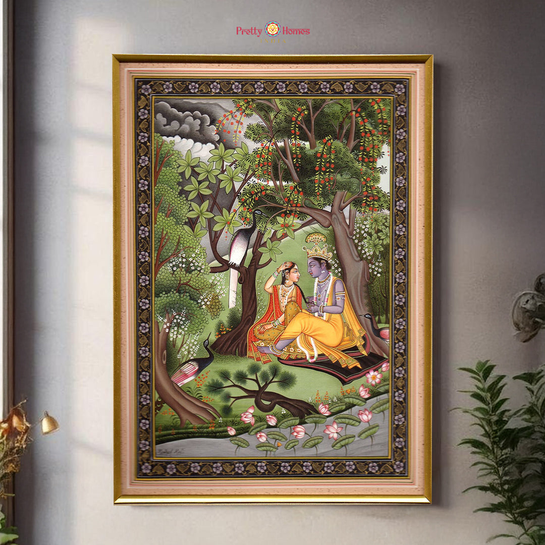 handpainted garden theme pichwai painting with lush greenery
