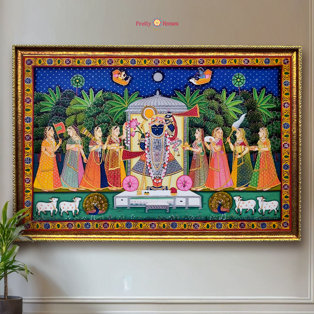 handpainted horizontal pichwai painting with gopikas scene